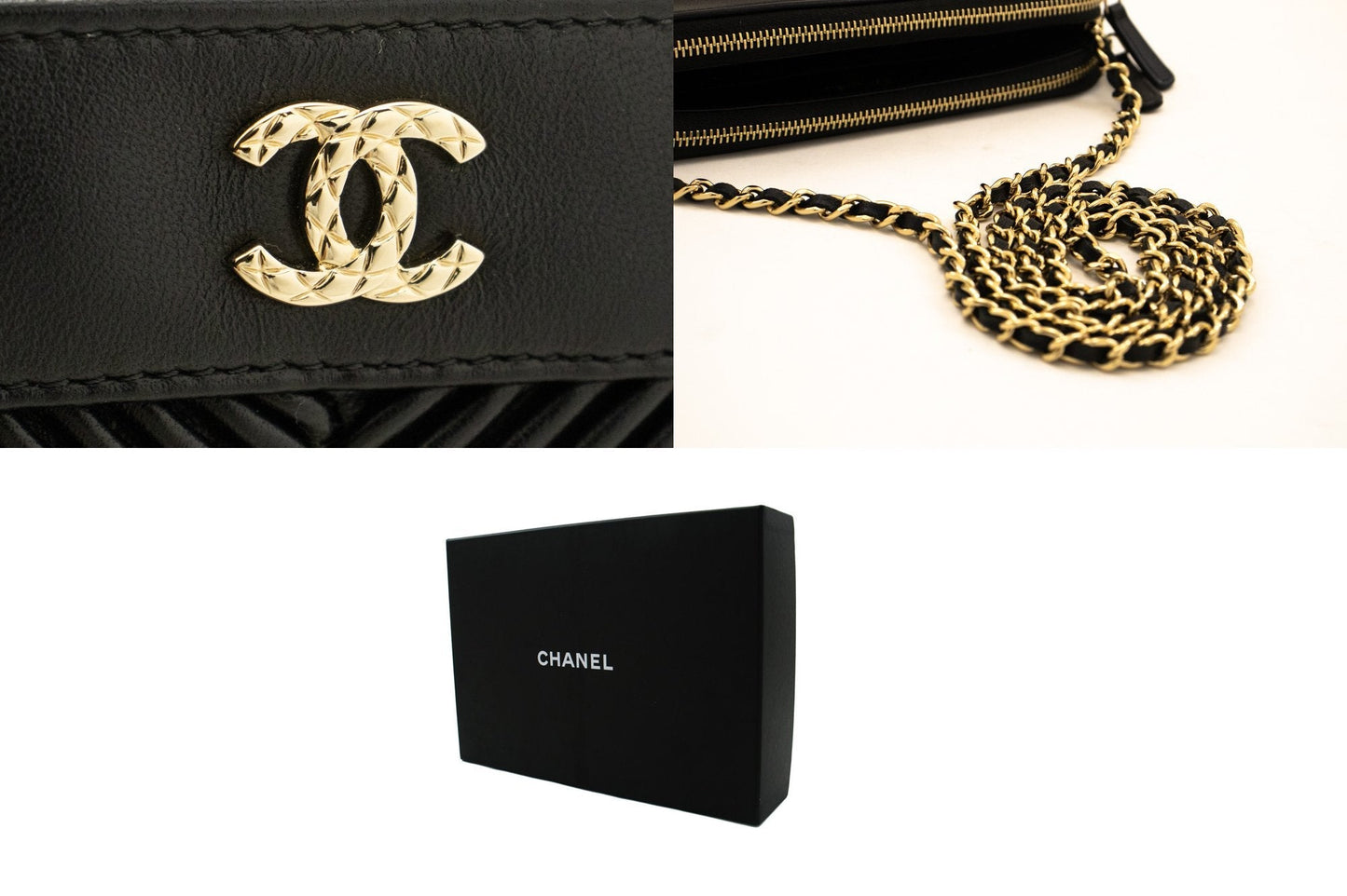 CHANEL V-Stitch Lambskin Wallet On Chain WOC Double Zip Chain Bag