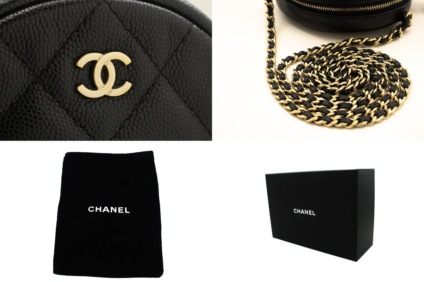 CHANEL Round Zip Caviar Small Chain Shoulder Bag Black Quilted