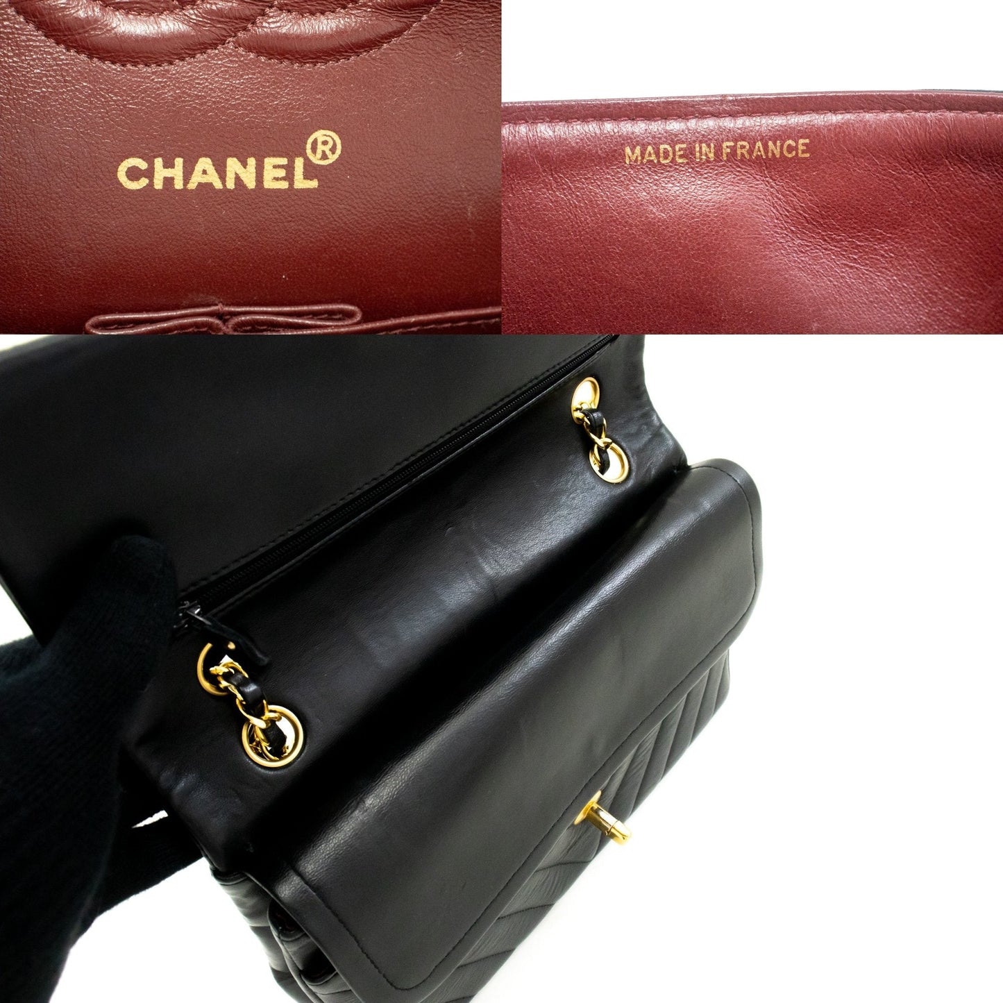 CHANEL V-Stitch Double Flap 10" Chain Shoulder Bag Black Lambskin