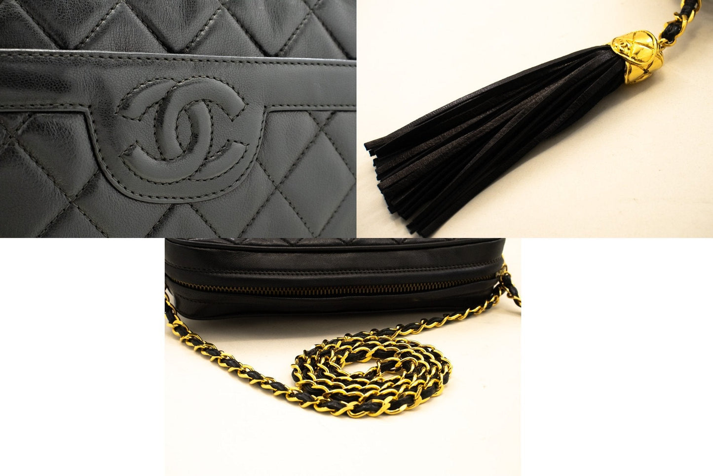CHANEL Vintage Tassel Chain Shoulder Bag Black Quilted Zipper Lamb