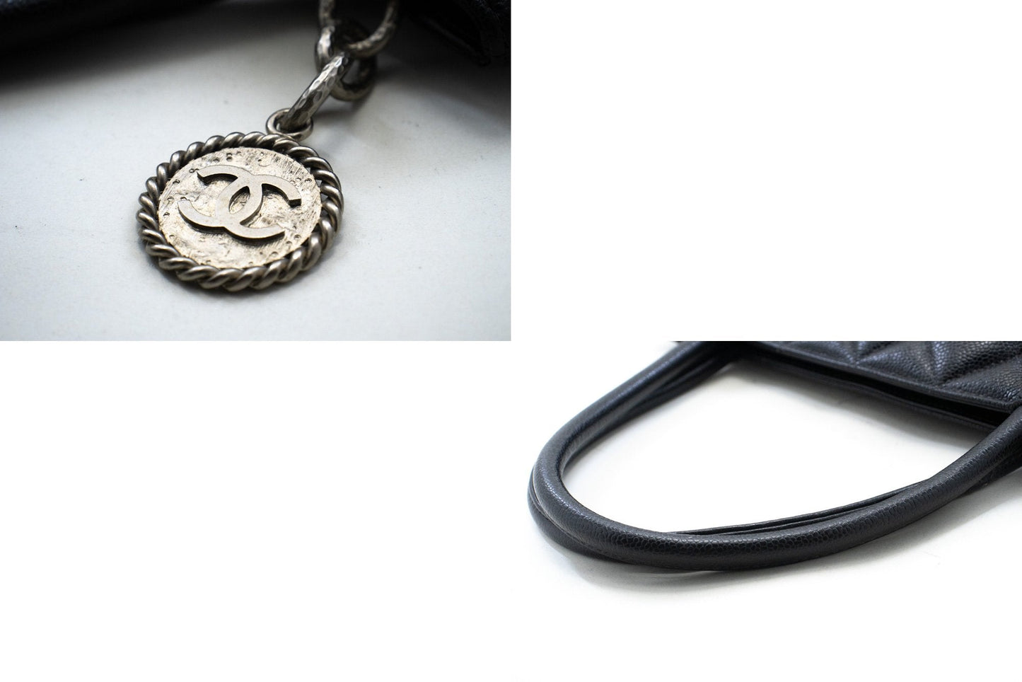 CHANEL Silver Medallion Caviar Shoulder Bag Shopping Tote Black SV