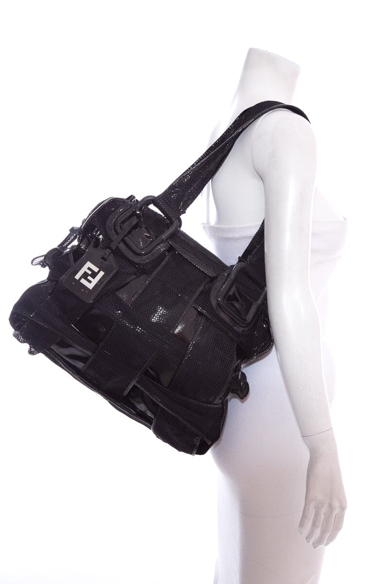 Fendi CROSSWORDS Black Woven Mesh Tote