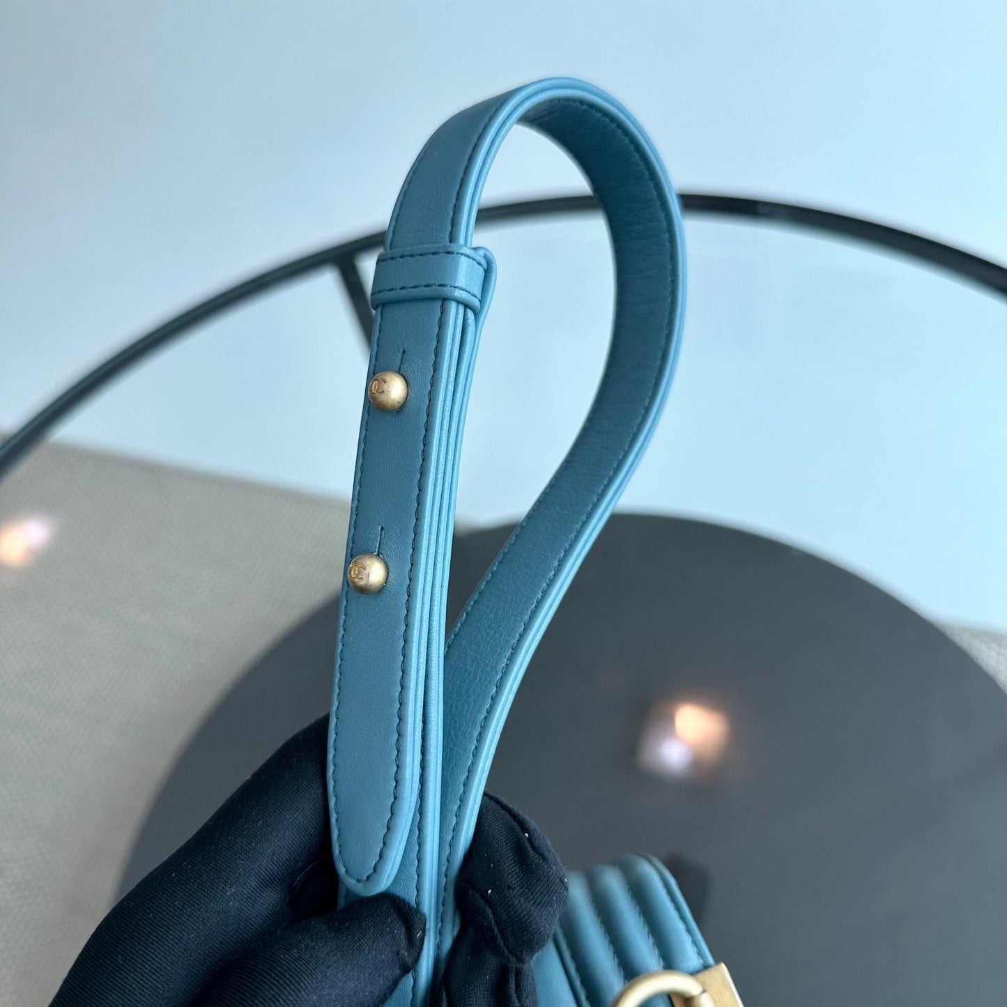 *Calfskin* Boy Old Medium 25CM Calfskin Chevron Leboy Baby Blue GHW No 25