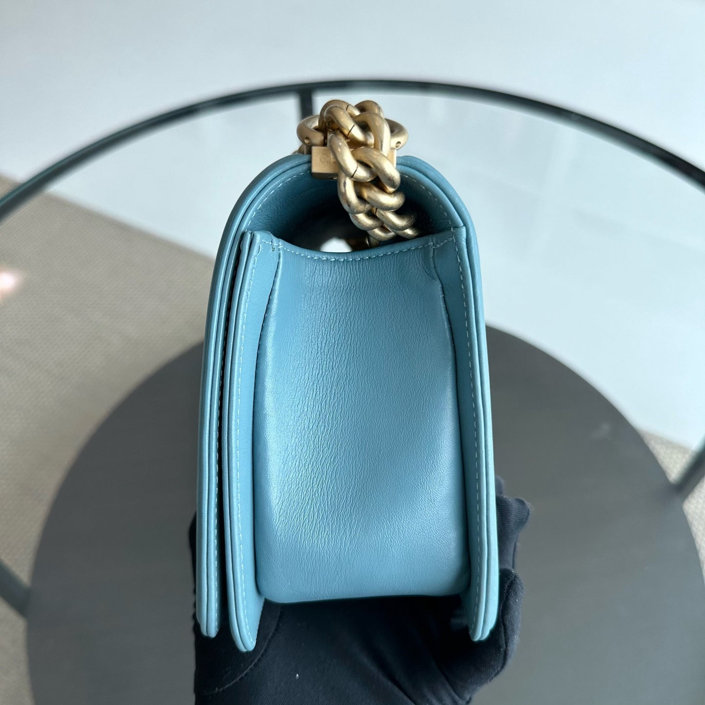 *Calfskin* Boy Old Medium 25CM Calfskin Chevron Leboy Baby Blue GHW No 25