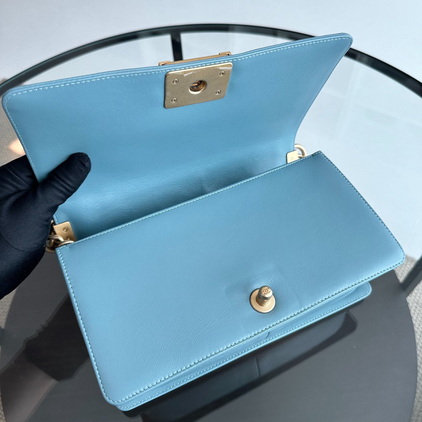 *Calfskin* Boy Old Medium 25CM Calfskin Chevron Leboy Baby Blue GHW No 25