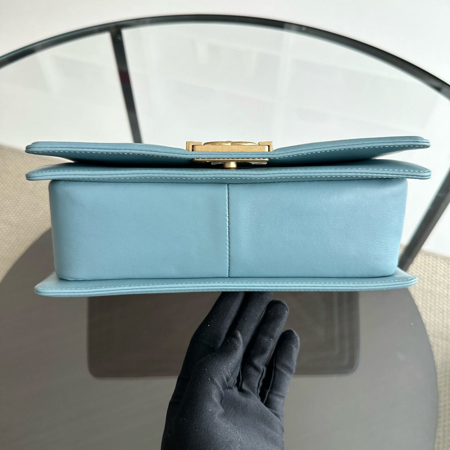 *Calfskin* Boy Old Medium 25CM Calfskin Chevron Leboy Baby Blue GHW No 25