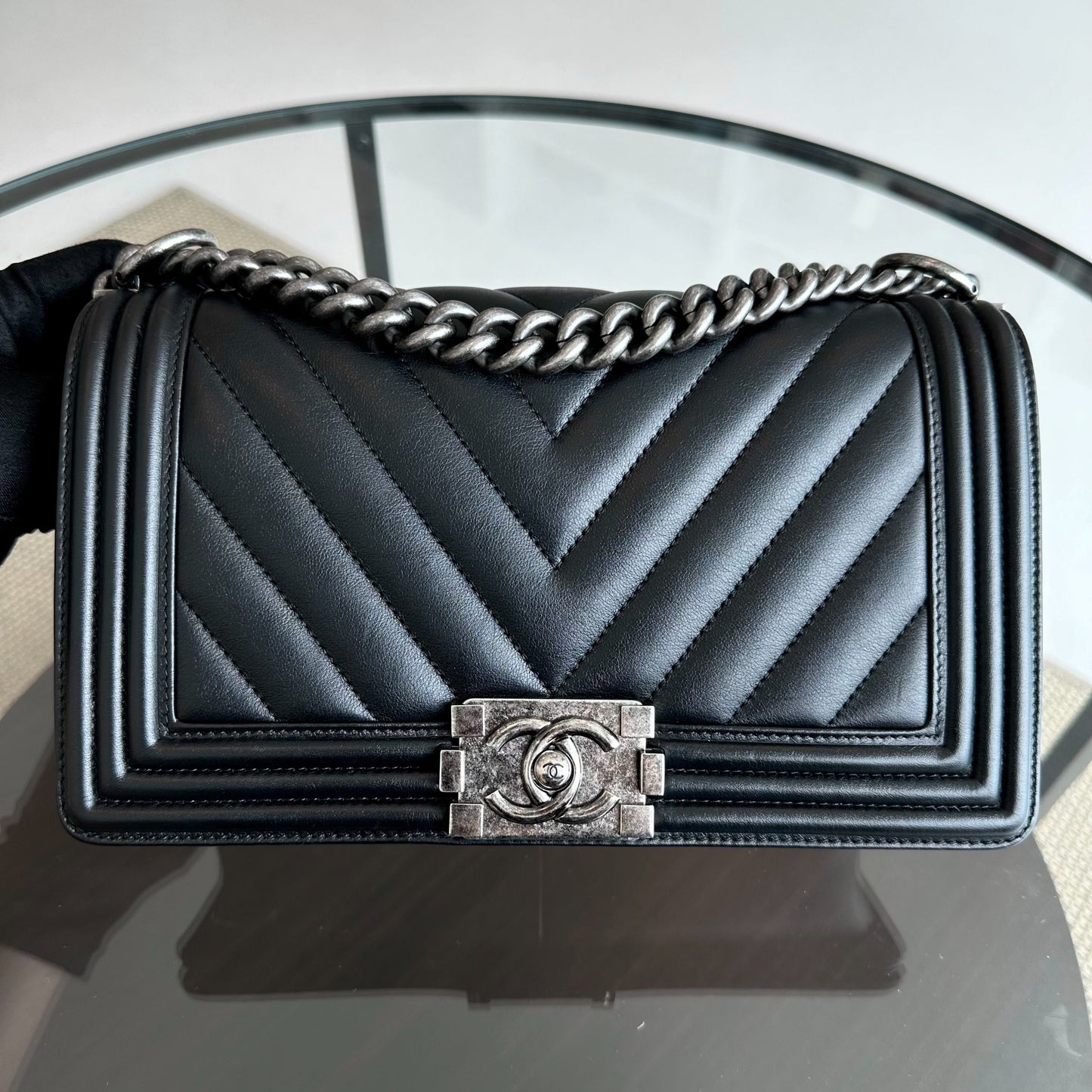 *Calfskin* Boy Old Medium 25CM Chevron Calfskin Leboy Black RSHW No 20