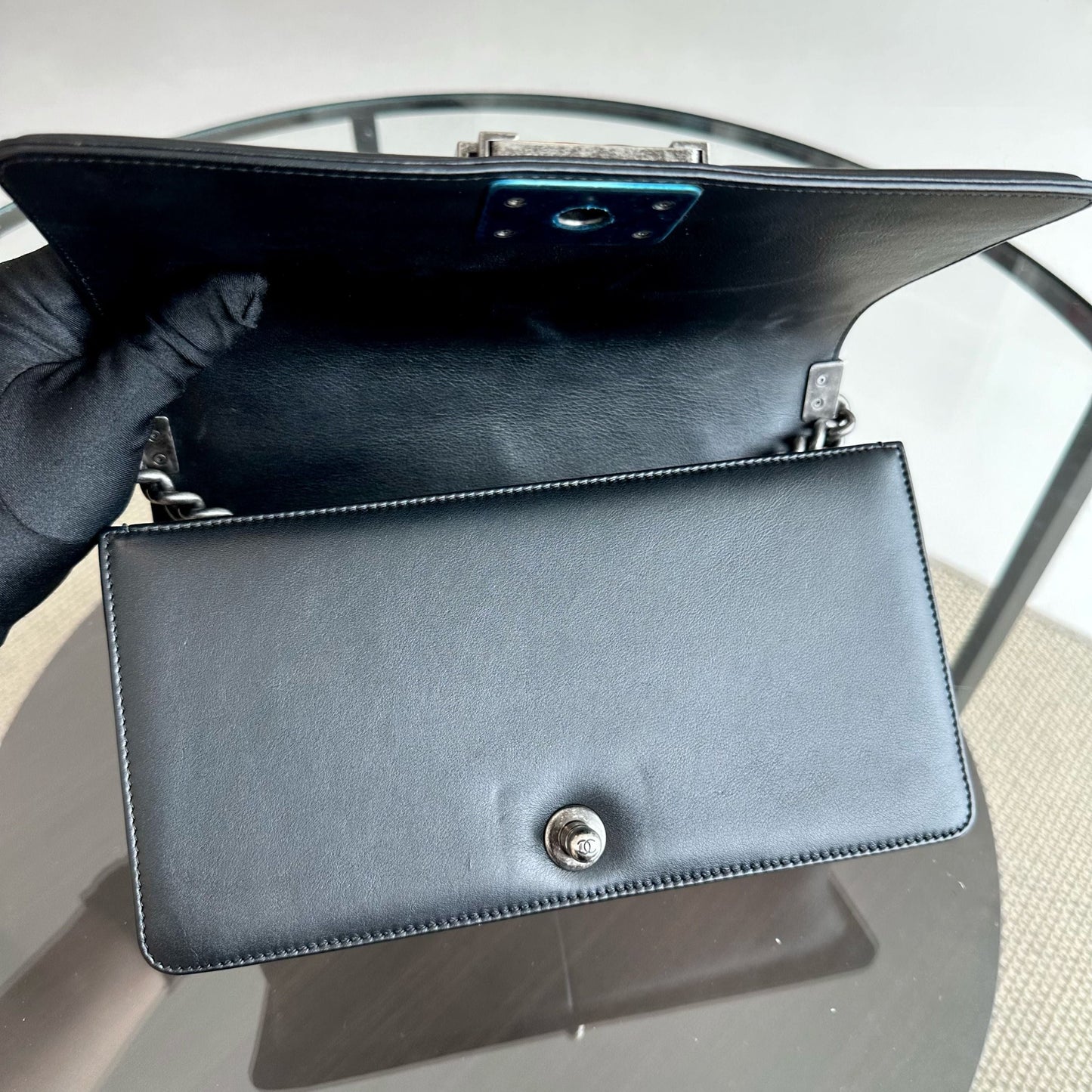 *Calfskin* Boy Old Medium 25CM Chevron Calfskin Leboy Black RSHW No 20