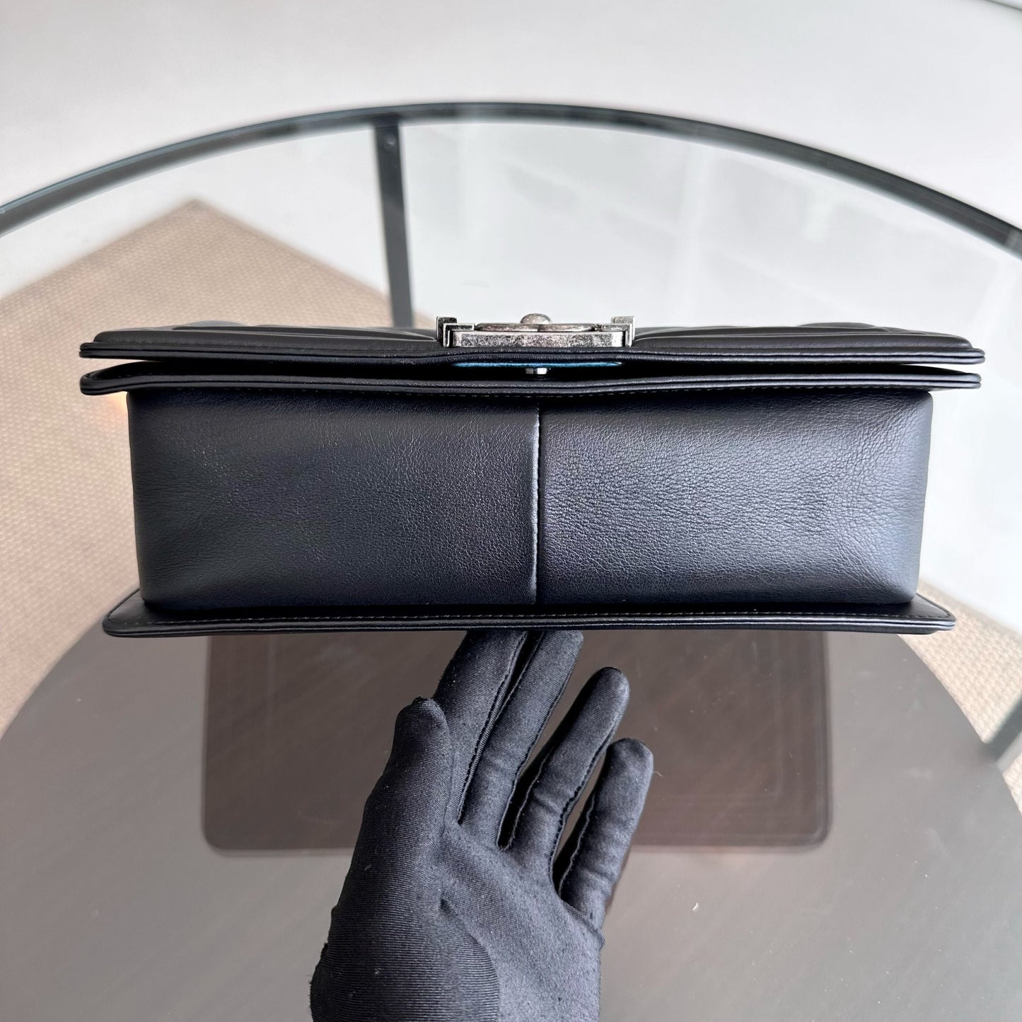 *Calfskin* Boy Old Medium 25CM Chevron Calfskin Leboy Black RSHW No 20