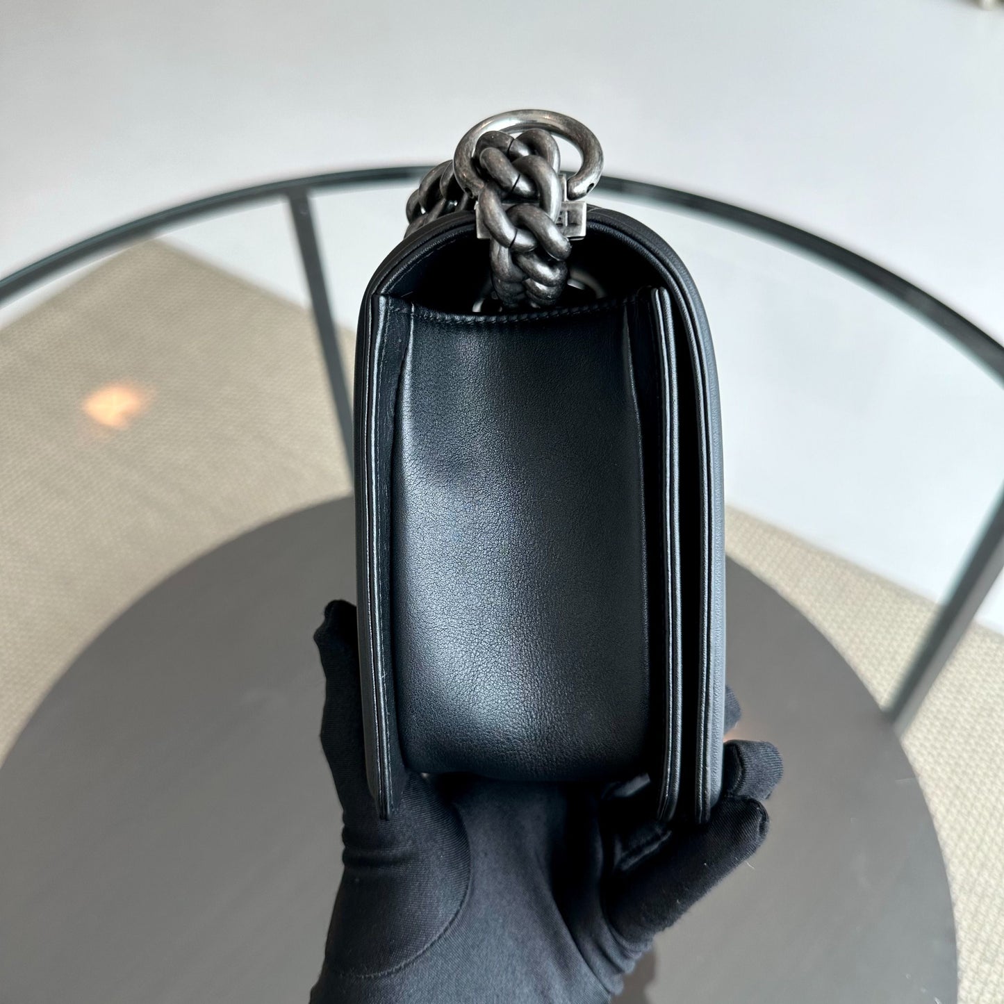 *Calfskin* Boy Old Medium 25CM Chevron Calfskin Leboy Black RSHW No 20