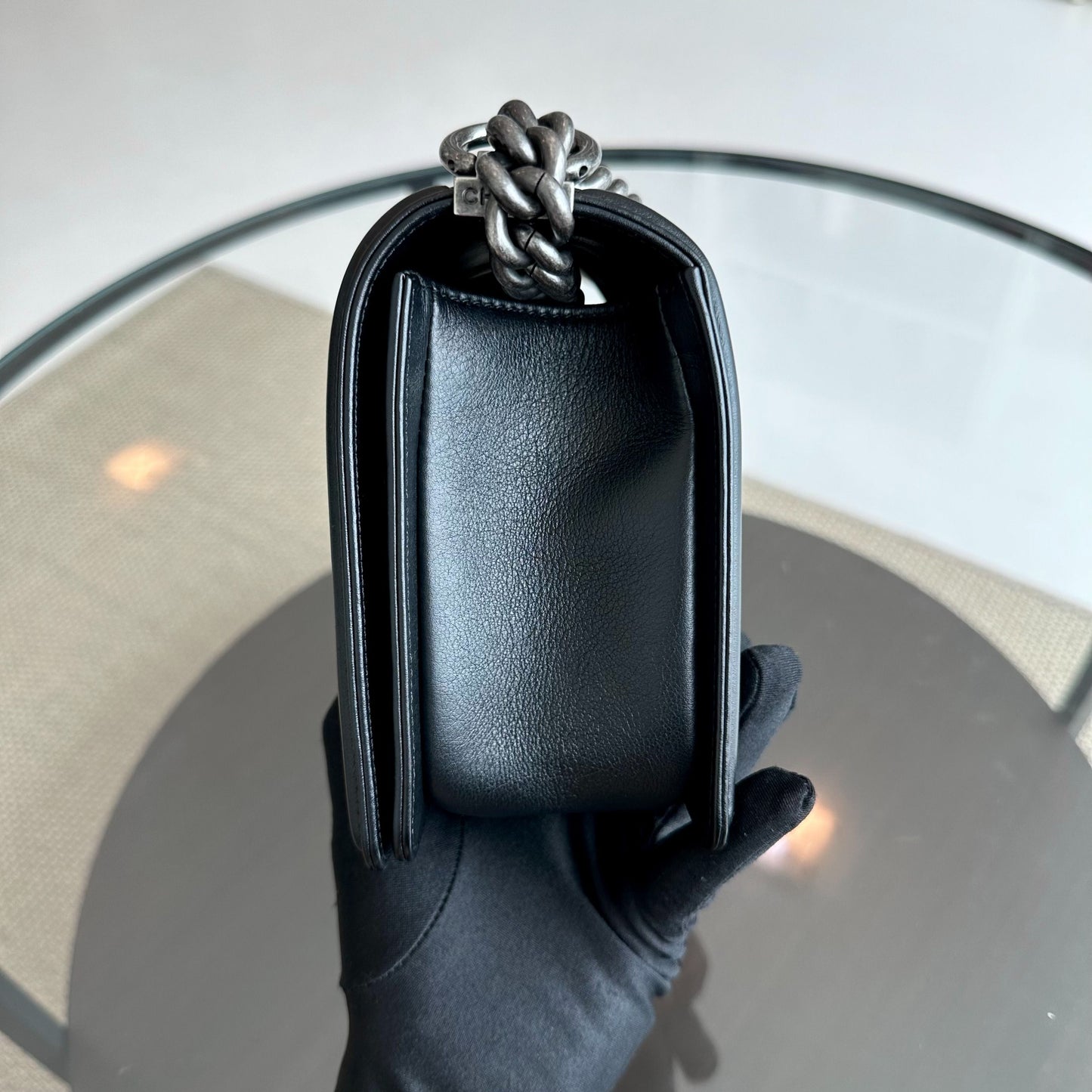 *Calfskin* Boy Old Medium 25CM Chevron Calfskin Leboy Black RSHW No 20