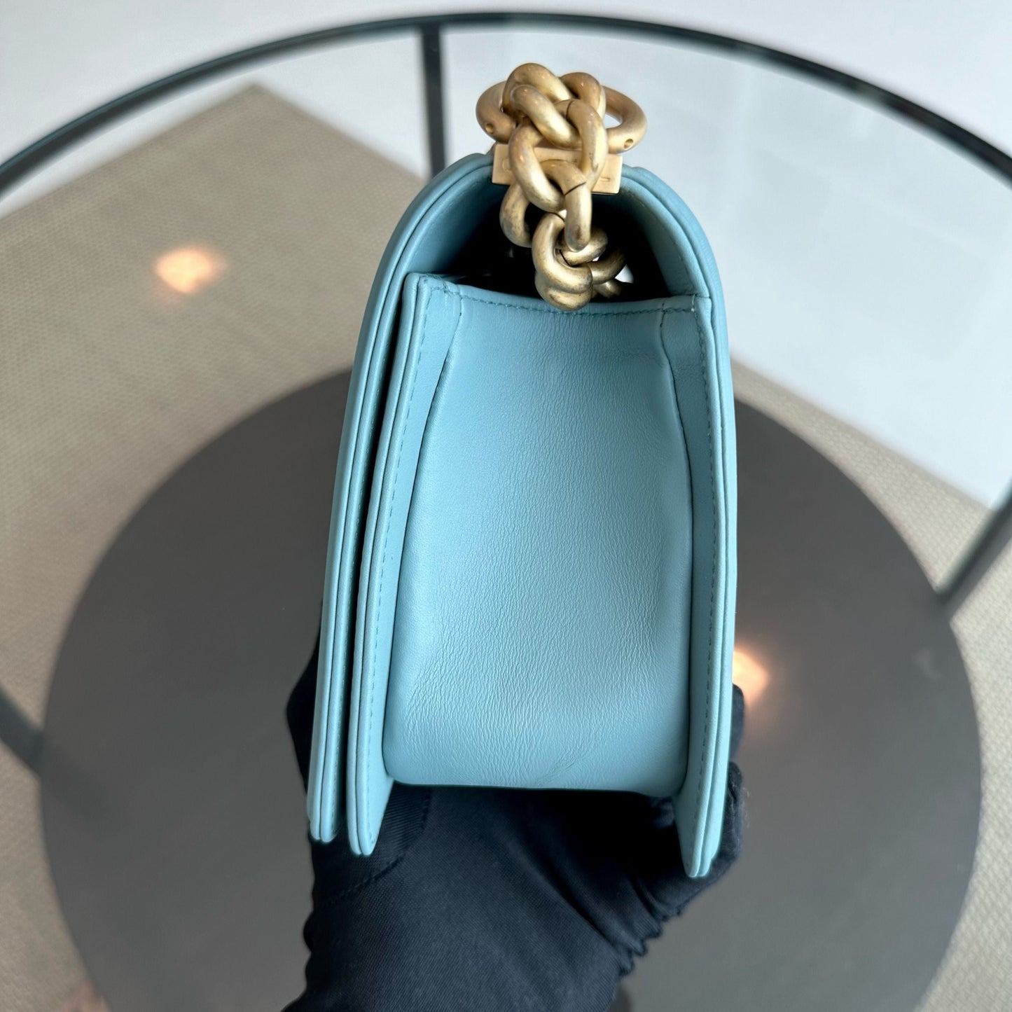 *Calfskin* Boy Old Medium 25CM Quilted Calfskin Leboy Light Blue GHW No 25