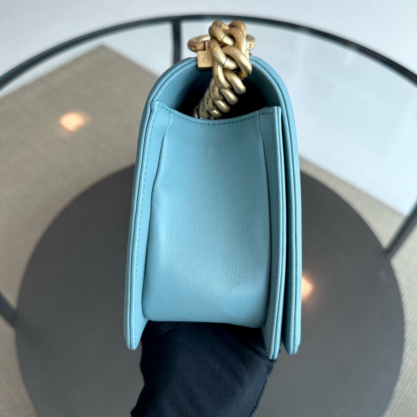 *Calfskin* Boy Old Medium 25CM Quilted Calfskin Leboy Light Blue GHW No 25