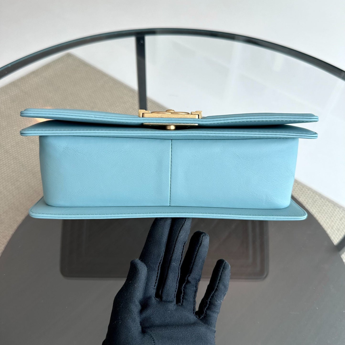 *Calfskin* Boy Old Medium 25CM Quilted Calfskin Leboy Light Blue GHW No 25