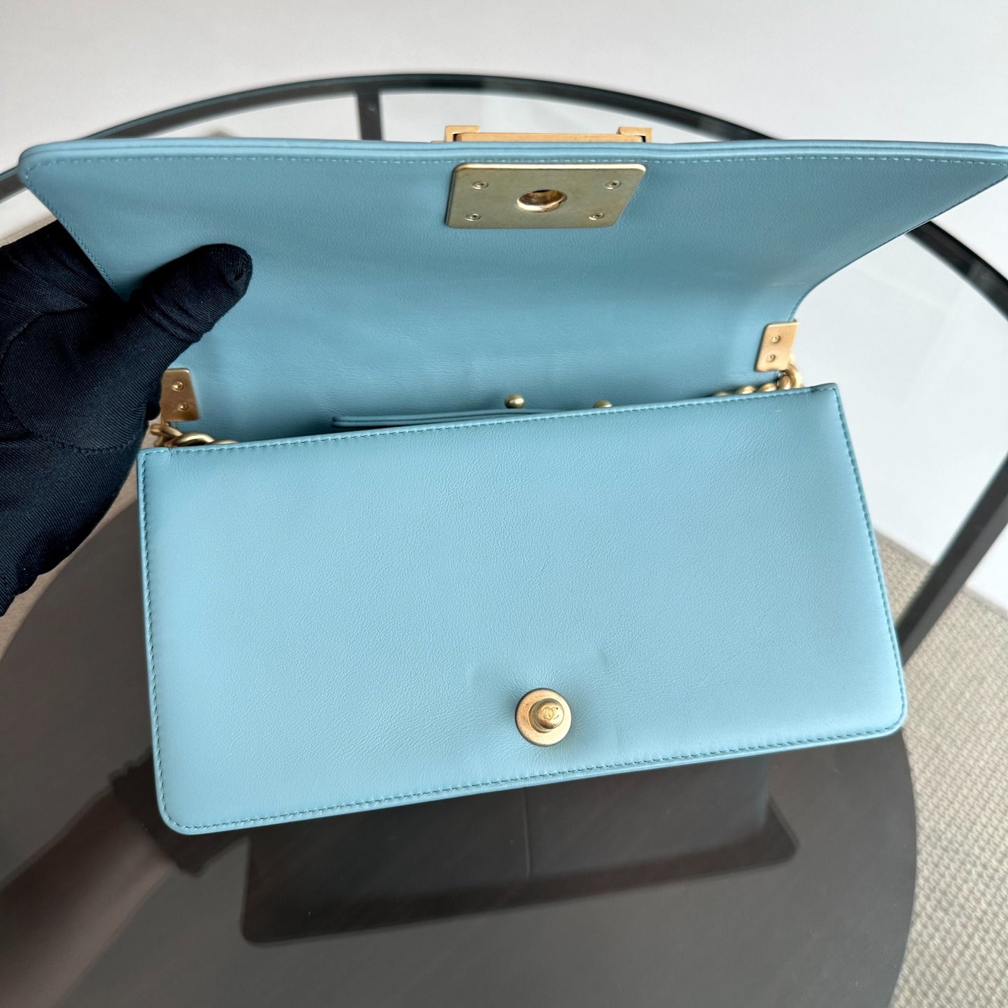 *Calfskin* Boy Old Medium 25CM Quilted Calfskin Leboy Light Blue GHW No 25