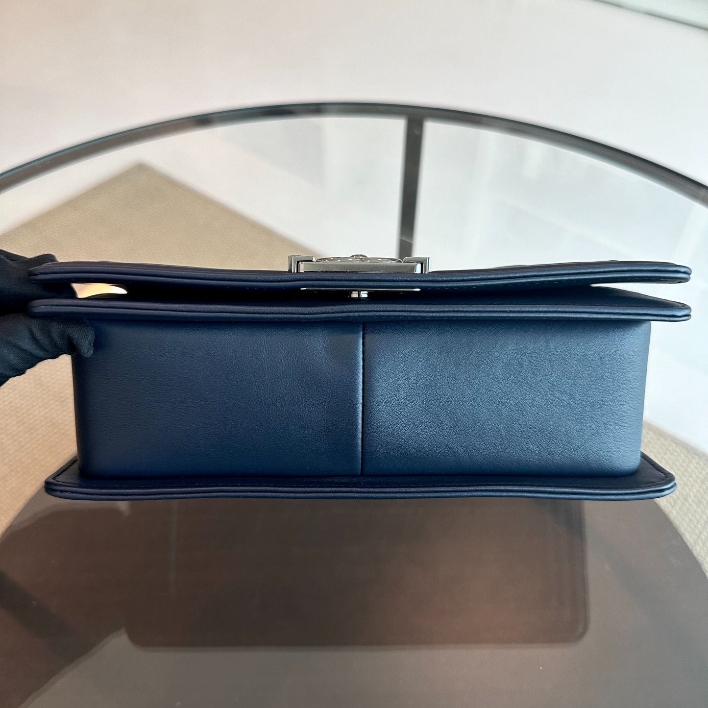 *Calfskin* Boy Old Medium 25CM Quilted Smooth Calfskin Leboy Dark Blue SHW No 20