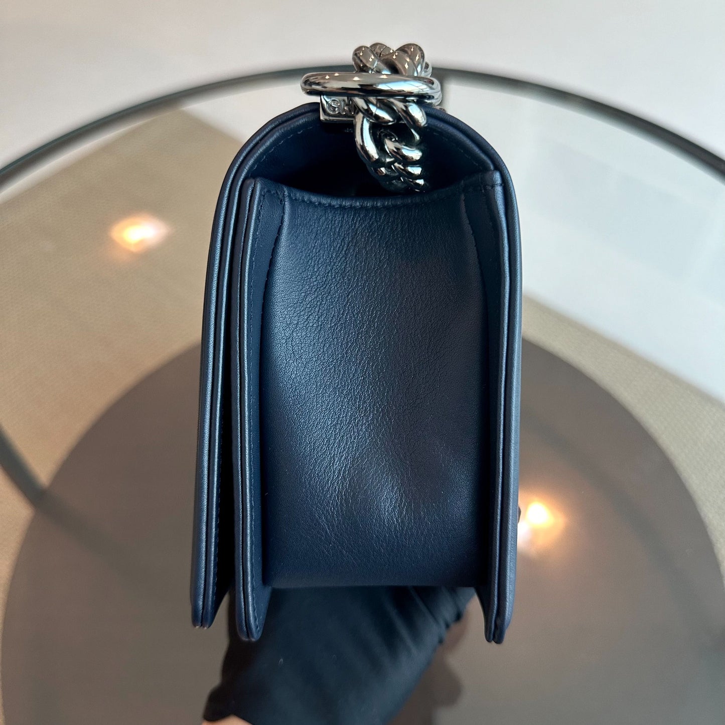 *Calfskin* Boy Old Medium 25CM Quilted Smooth Calfskin Leboy Dark Blue SHW No 20