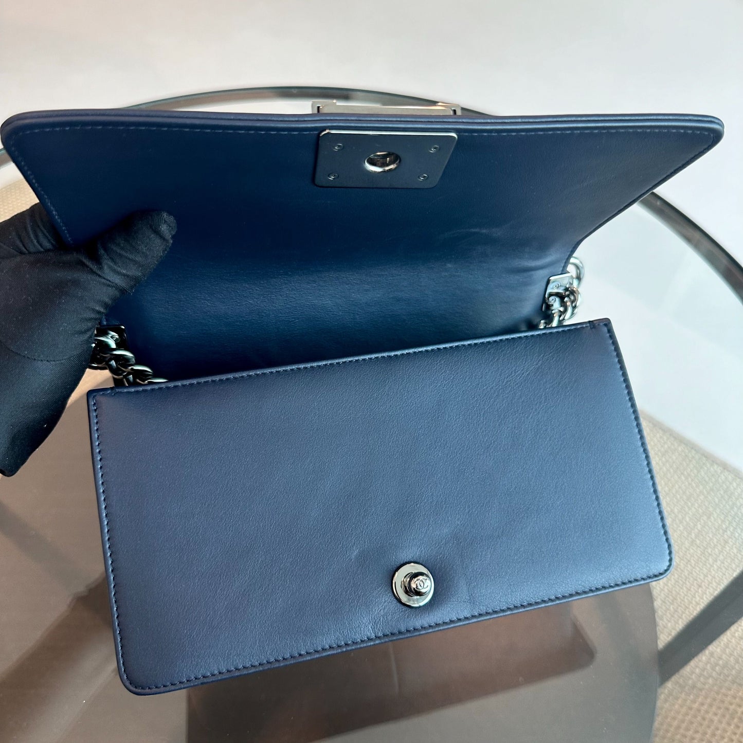 *Calfskin* Boy Old Medium 25CM Quilted Smooth Calfskin Leboy Dark Blue SHW No 20