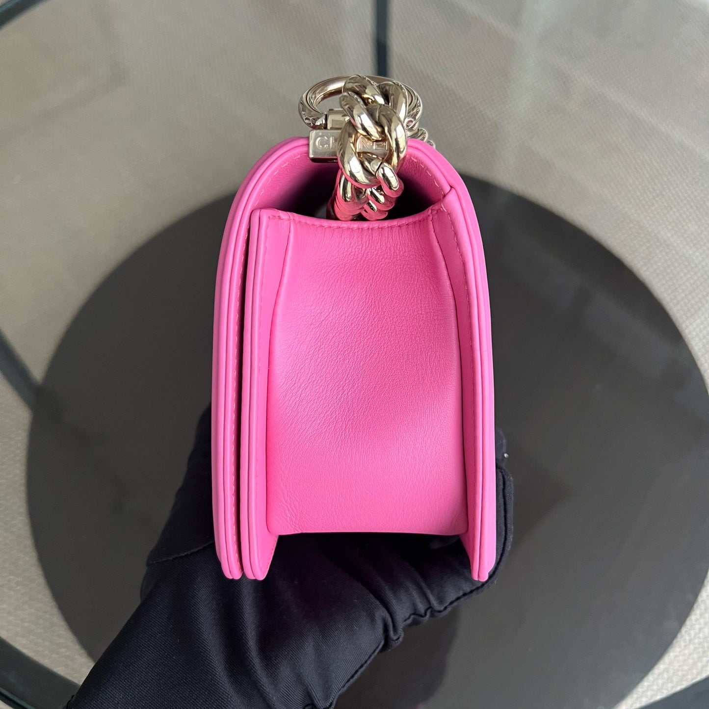 *Calfskin* Boy Small 20CM Quilted Calfskin Sakura Pink Leboy Golden Hardware Series 26