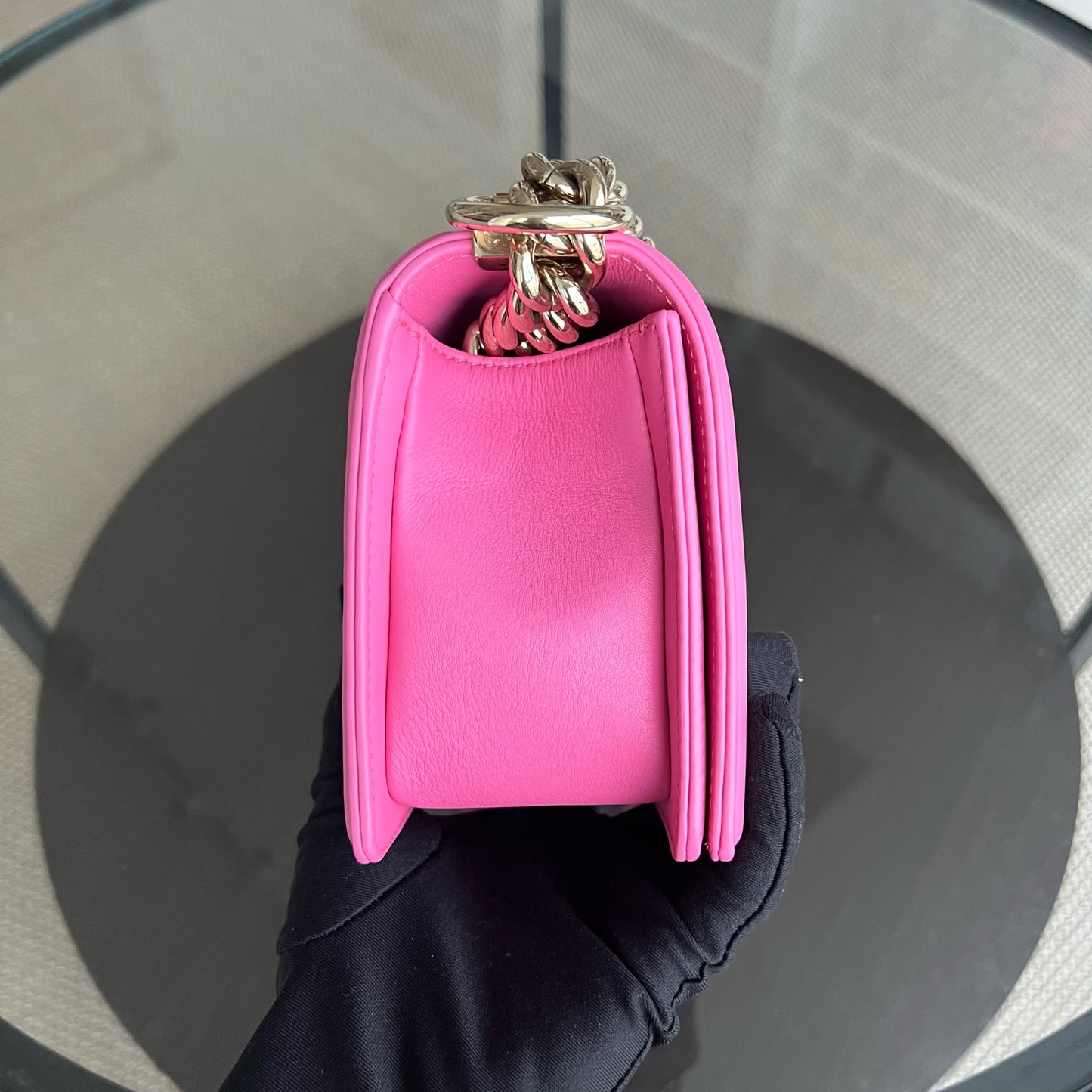 *Calfskin* Boy Small 20CM Quilted Calfskin Sakura Pink Leboy Golden Hardware Series 26