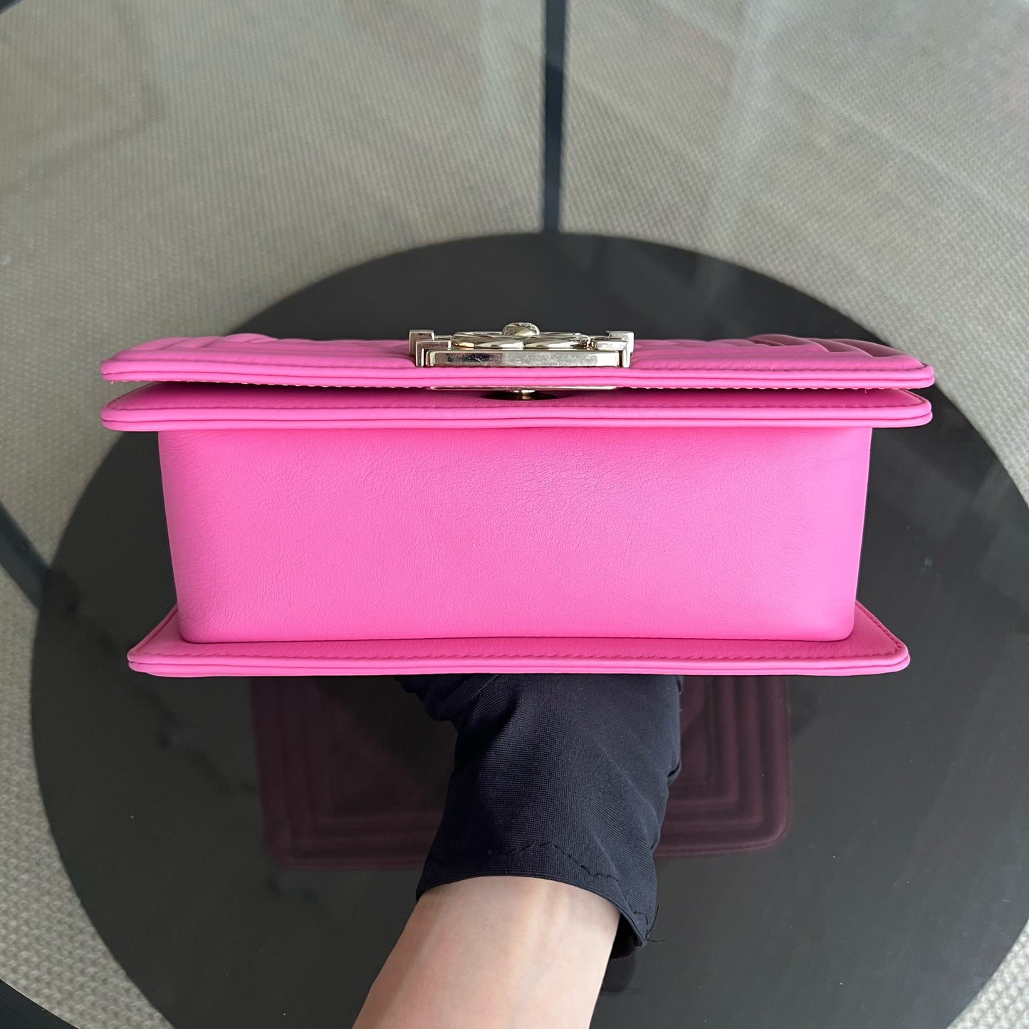 *Calfskin* Boy Small 20CM Quilted Calfskin Sakura Pink Leboy Golden Hardware Series 26