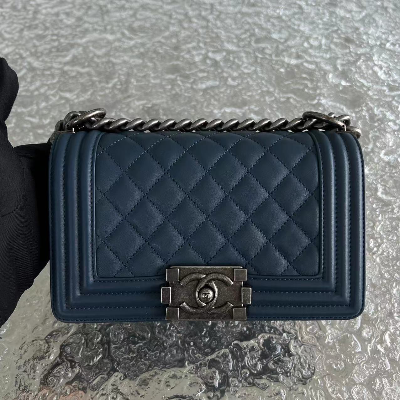 *Calfskin* Boy Small Quilted Calfskin Dark Blue Leboy Ruthenium Silver Hardware Series 26