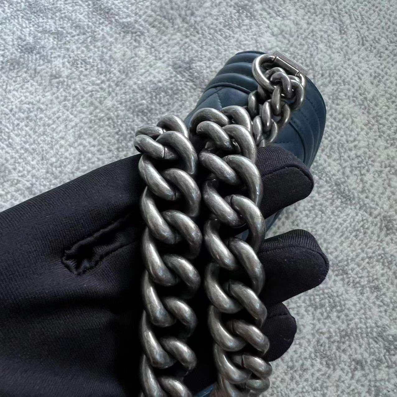 *Calfskin* Boy Small Quilted Calfskin Dark Blue Leboy Ruthenium Silver Hardware Series 26