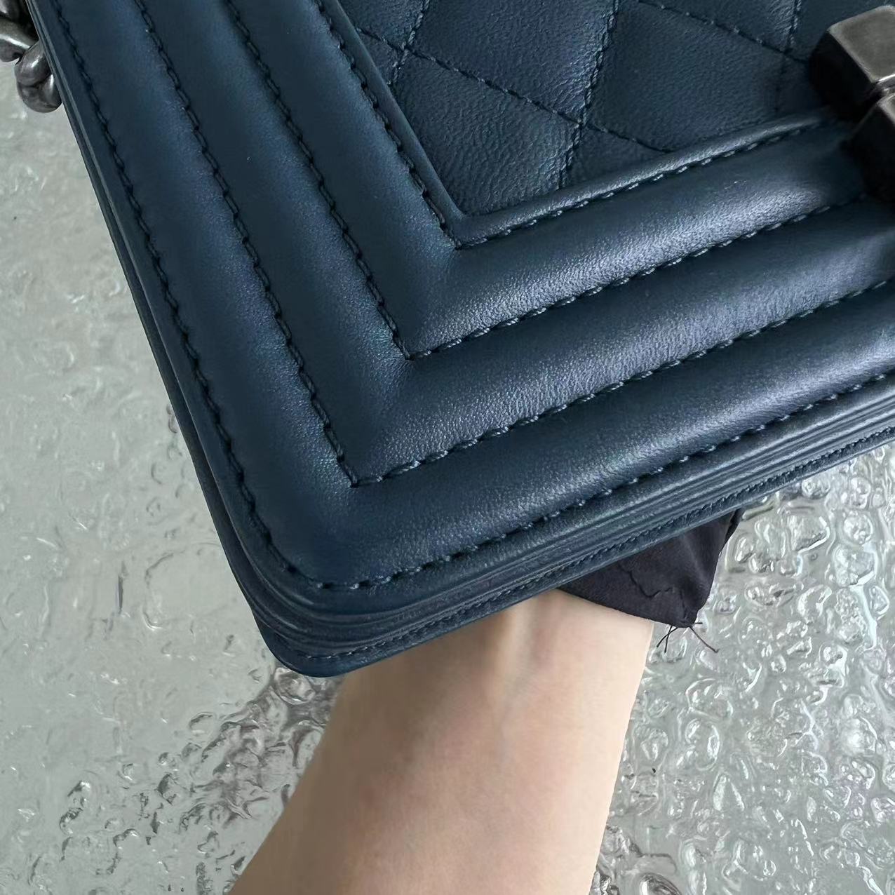 *Calfskin* Boy Small Quilted Calfskin Dark Blue Leboy Ruthenium Silver Hardware Series 26