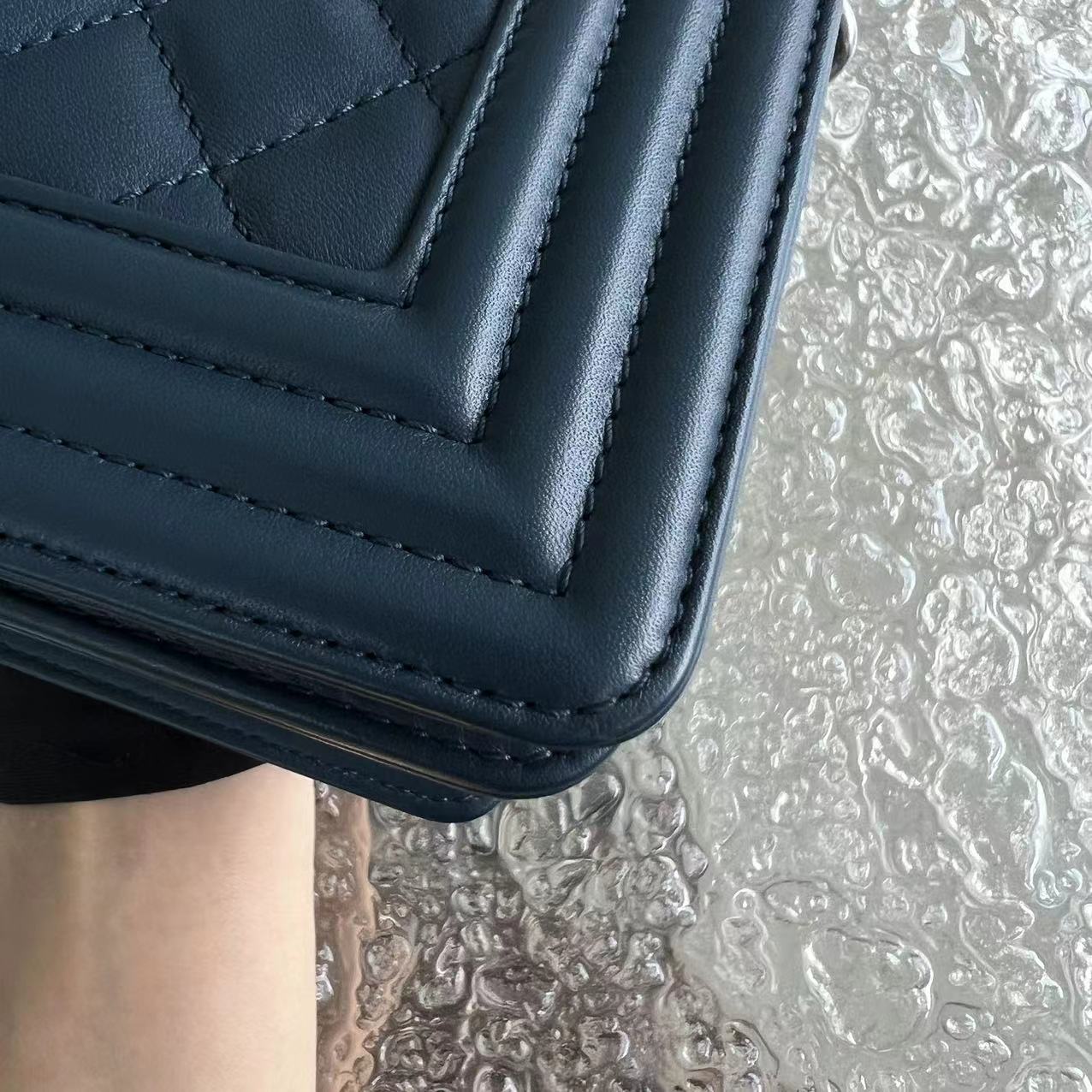 *Calfskin* Boy Small Quilted Calfskin Dark Blue Leboy Ruthenium Silver Hardware Series 26