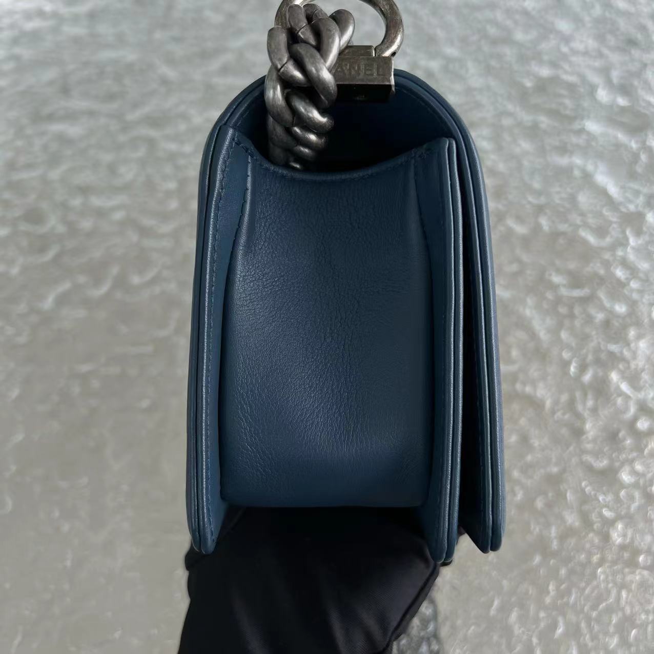 *Calfskin* Boy Small Quilted Calfskin Dark Blue Leboy Ruthenium Silver Hardware Series 26