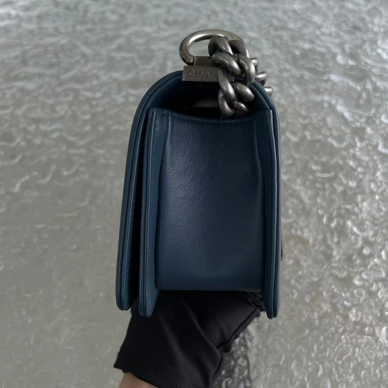 *Calfskin* Boy Small Quilted Calfskin Dark Blue Leboy Ruthenium Silver Hardware Series 26