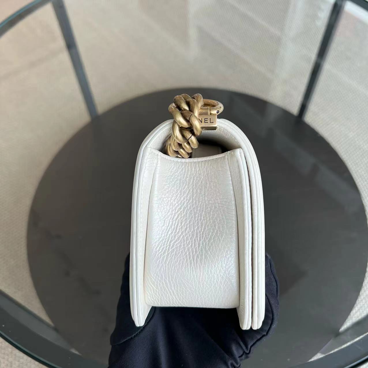 *Calfskin* Boy Small Quilted Grained Calfskin Cream White Leboy Golden Hardware Series 20