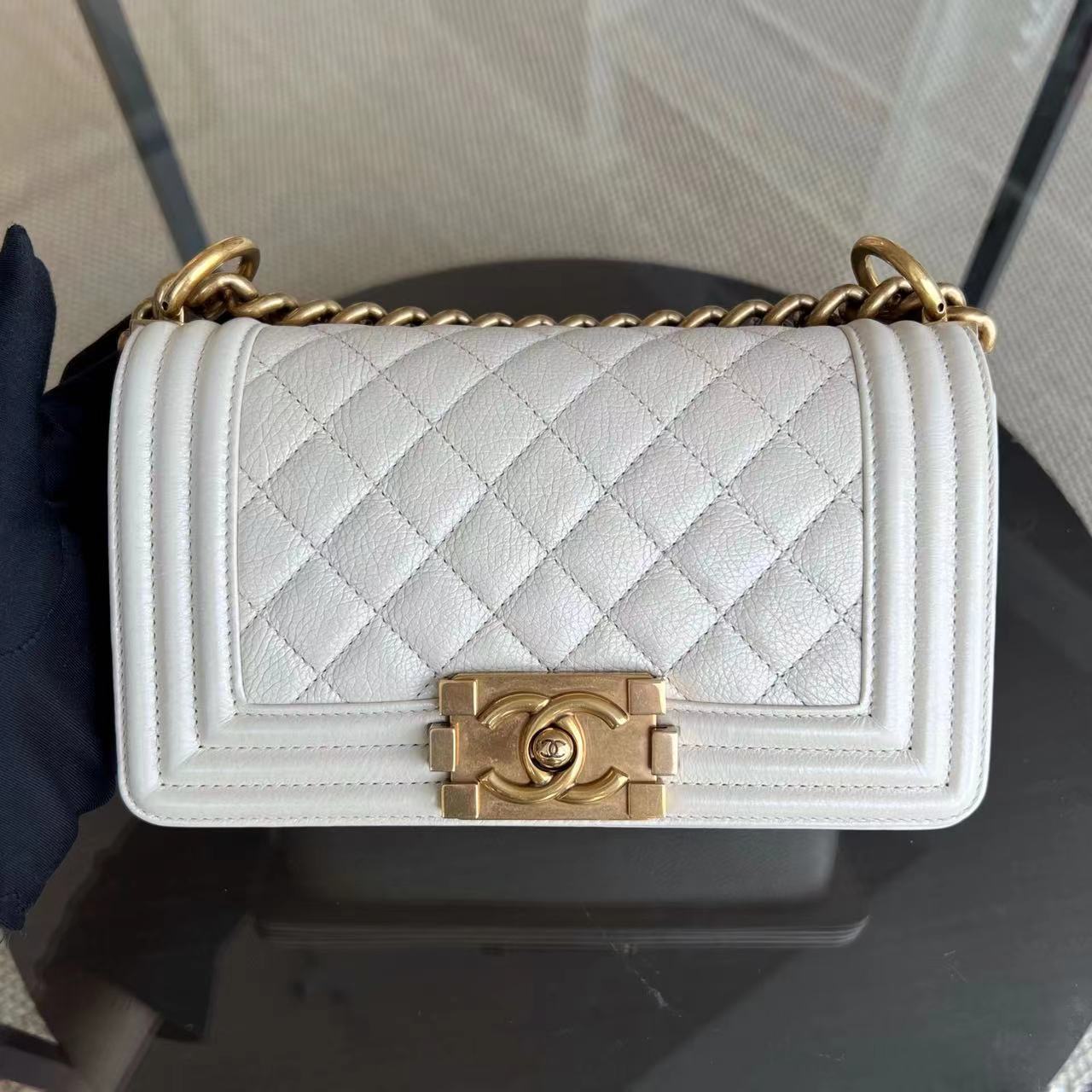 *Calfskin* Boy Small Quilted Grained Calfskin Cream White Leboy Golden Hardware Series 20