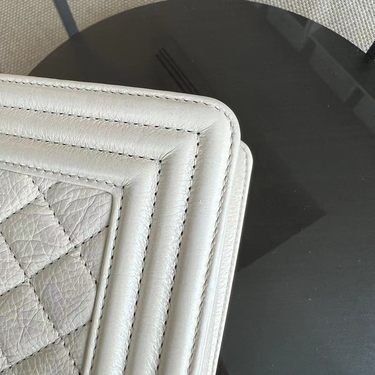 *Calfskin* Boy Small Quilted Grained Calfskin Cream White Leboy Golden Hardware Series 20