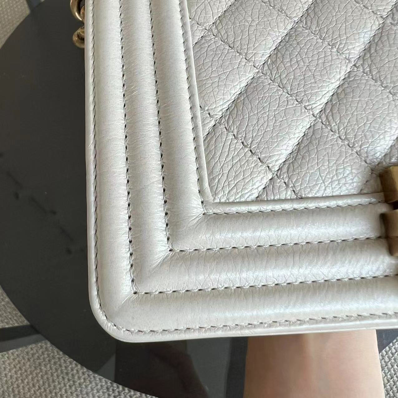 *Calfskin* Boy Small Quilted Grained Calfskin Cream White Leboy Golden Hardware Series 20