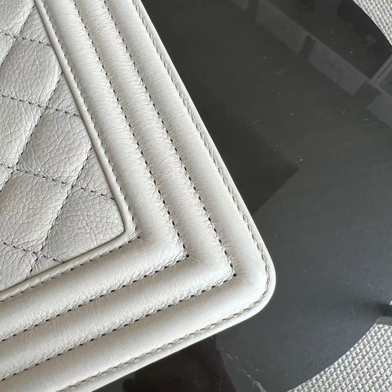 *Calfskin* Boy Small Quilted Grained Calfskin Cream White Leboy Golden Hardware Series 20