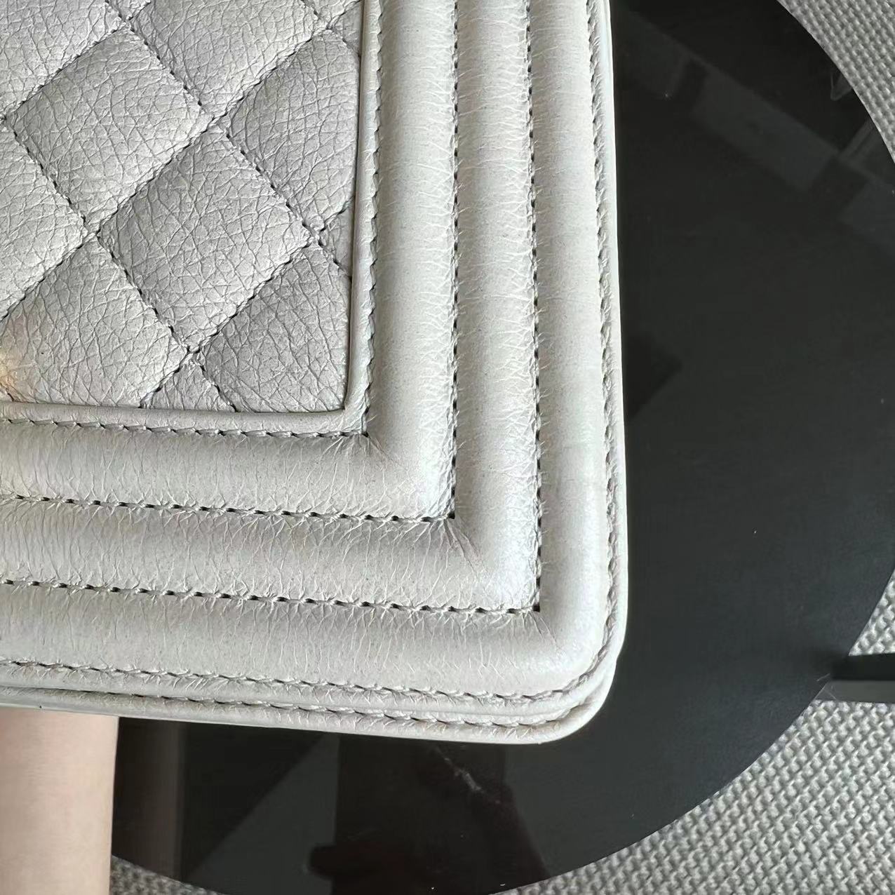 *Calfskin* Boy Small Quilted Grained Calfskin Cream White Leboy Golden Hardware Series 20