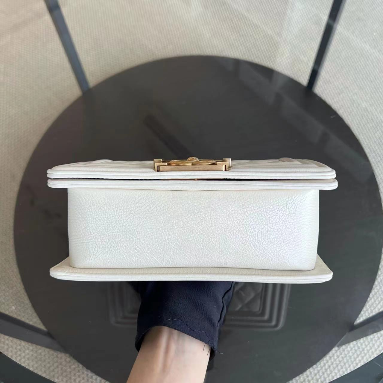 *Calfskin* Boy Small Quilted Grained Calfskin Cream White Leboy Golden Hardware Series 20