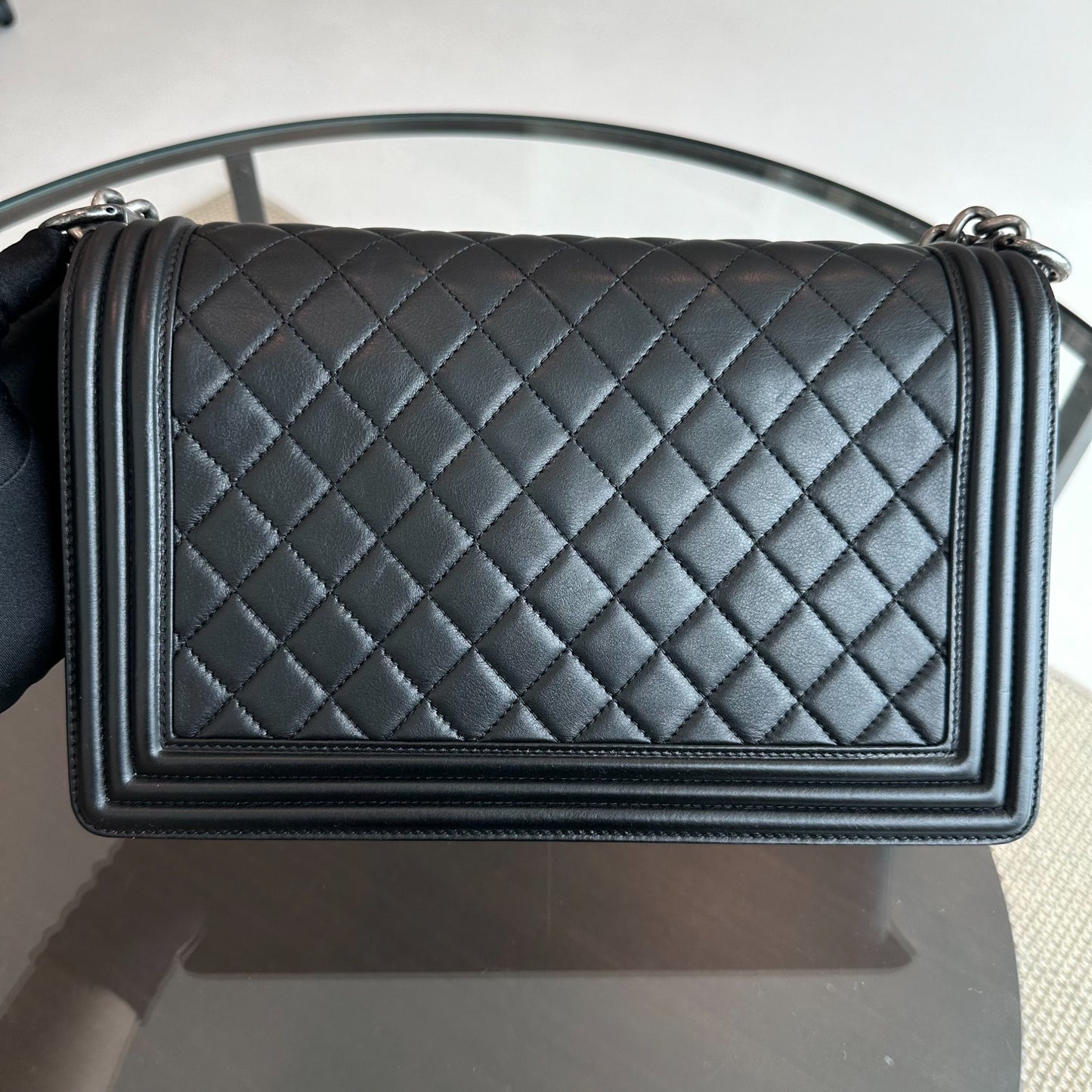 *Calfskin* Calfskin Boy New Medium 28CM Quilted Black Leboy RSHW No 19