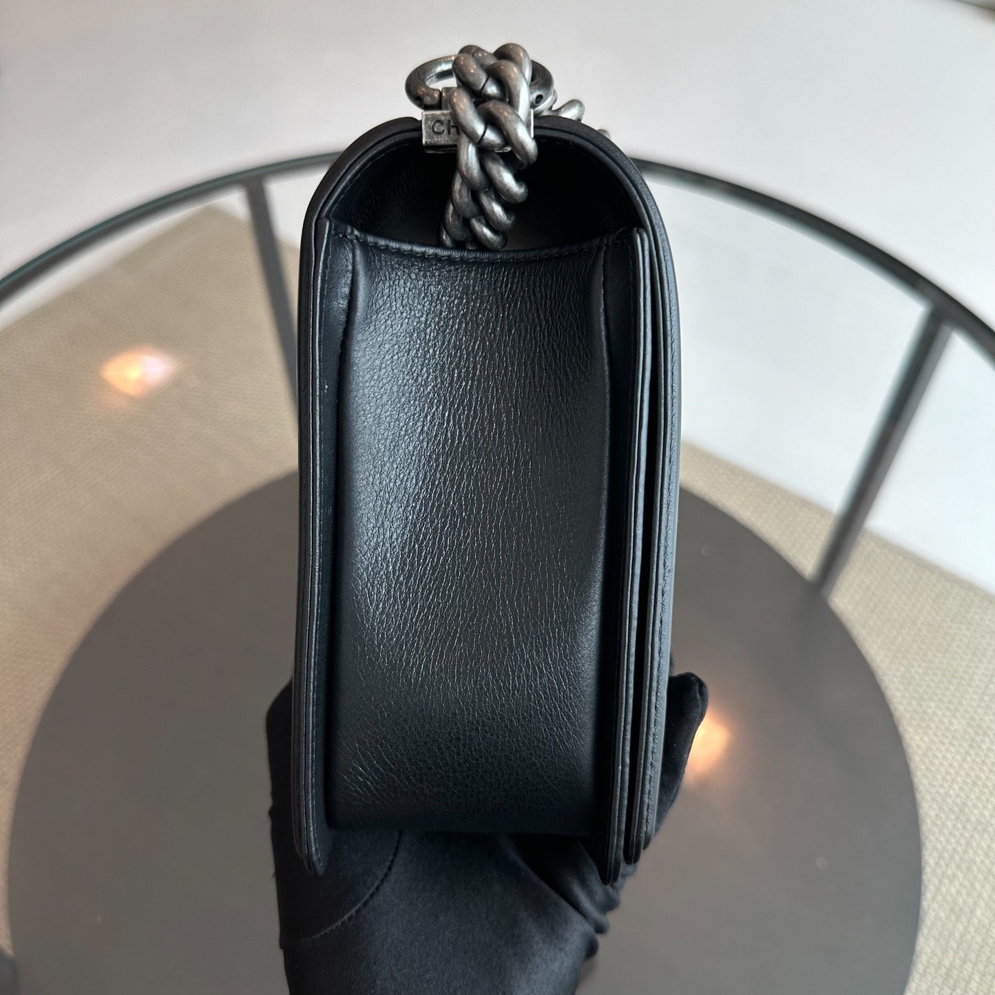 *Calfskin* Calfskin Boy New Medium 28CM Quilted Black Leboy RSHW No 19