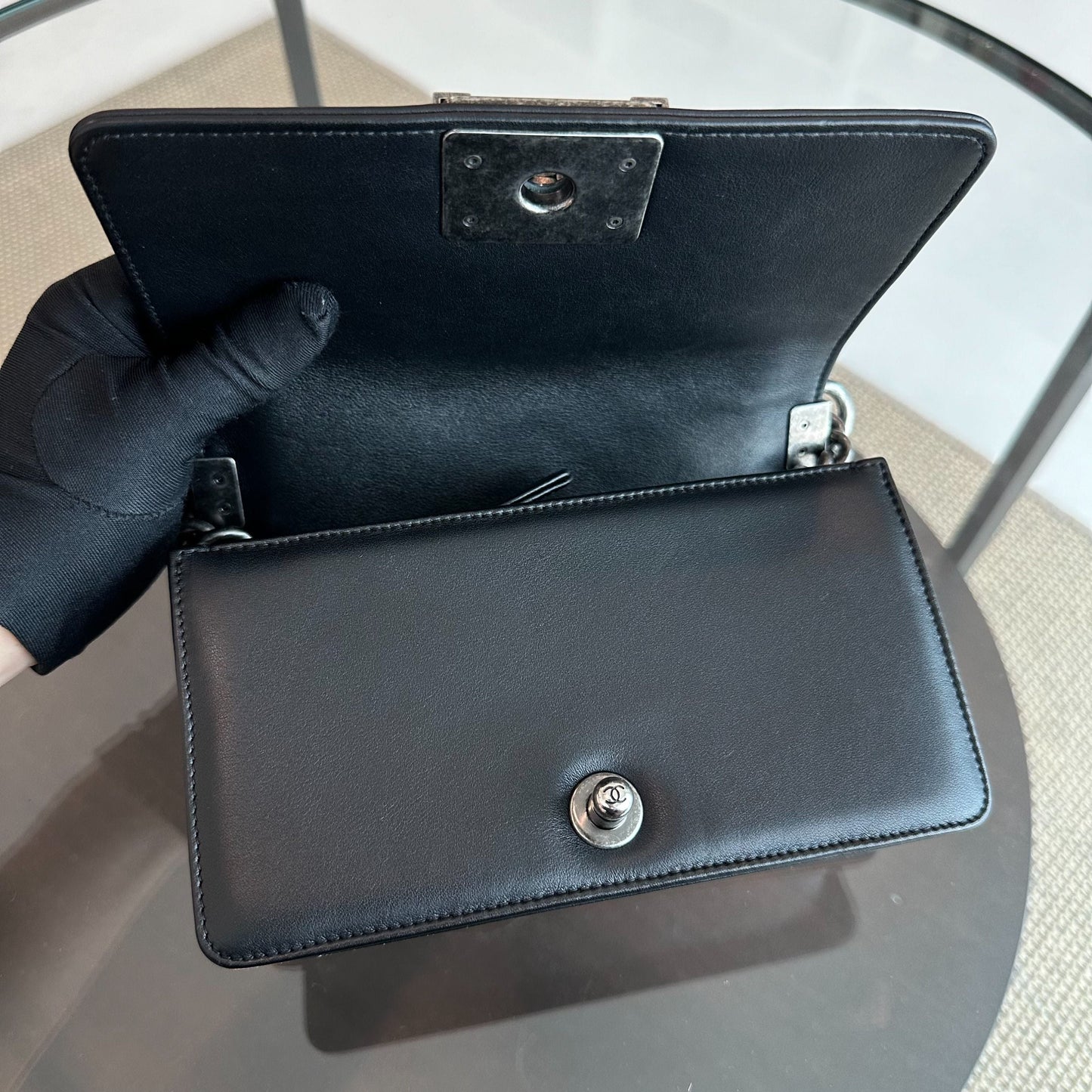 *Calfskin, Like New* Boy Small Chevron Calfskin Leboy Black RSHW No 22