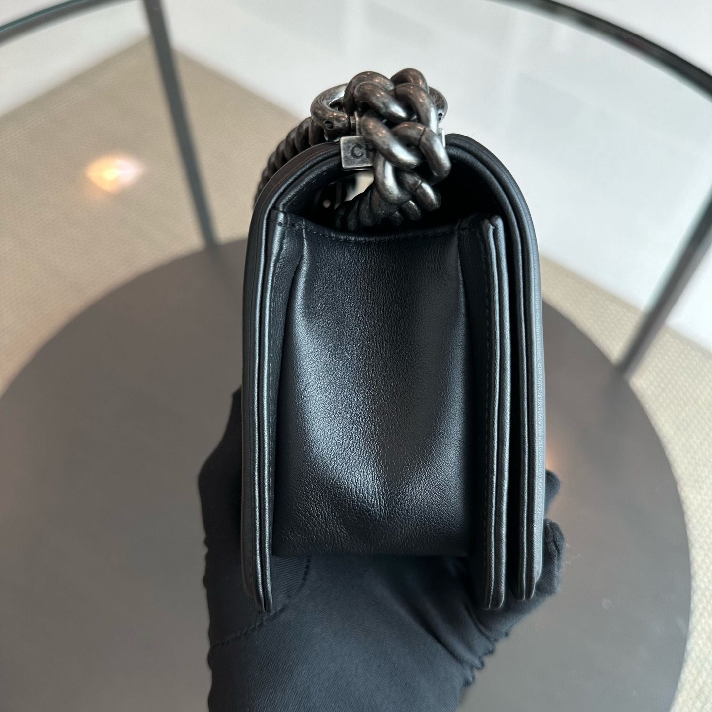 *Calfskin, Like New* Boy Small Chevron Calfskin Leboy Black RSHW No 22