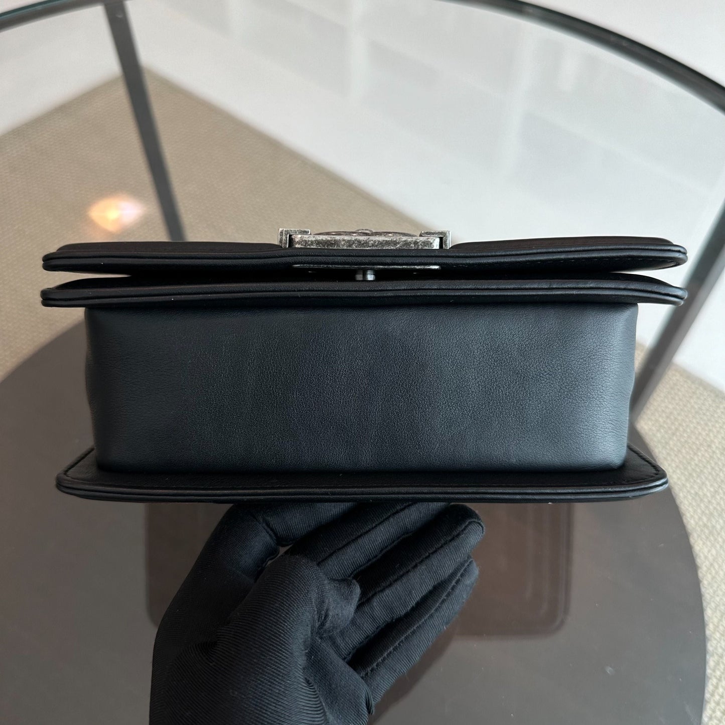 *Calfskin, Like New* Boy Small Chevron Calfskin Leboy Black RSHW No 22