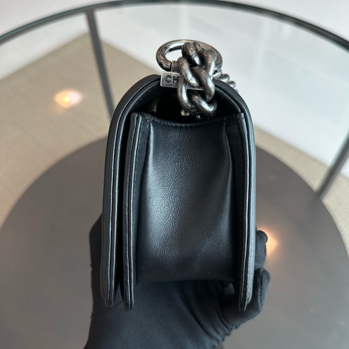 *Calfskin, Like New* Boy Small Chevron Calfskin Leboy Black RSHW No 22