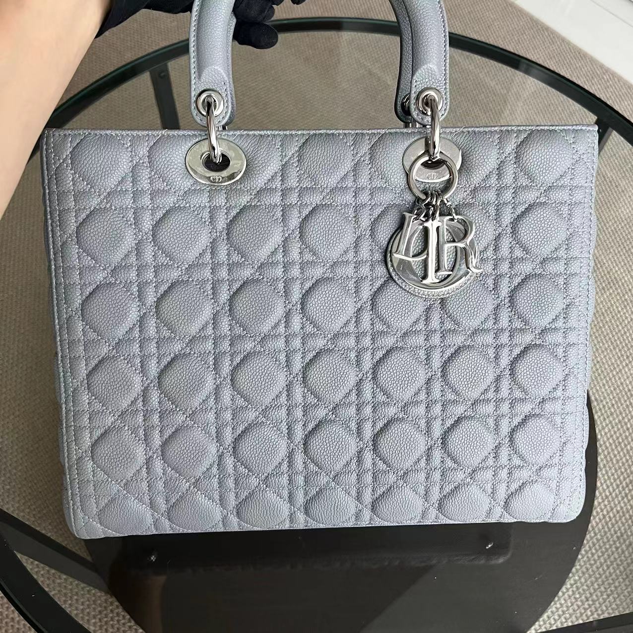 *Caviar* Dior Lady Large Cannage Caviar Grained Calfskin Grey Gray SHW NO STRAP