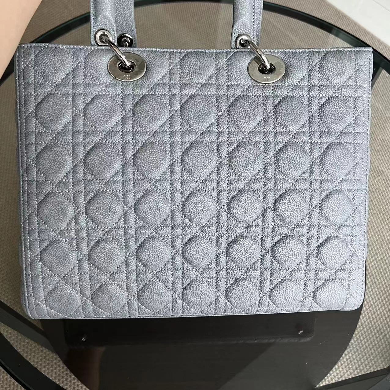 *Caviar* Dior Lady Large Cannage Caviar Grained Calfskin Grey Gray SHW NO STRAP