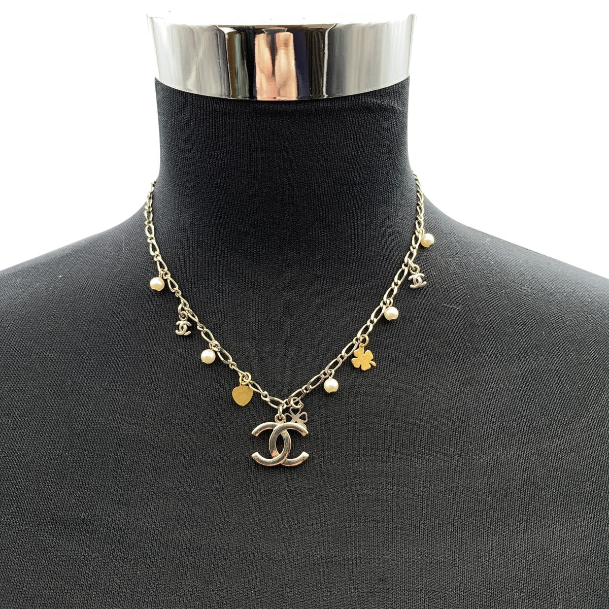 CHANEL Silver Metal Chain Necklace With Charms Cc Logo Pendant