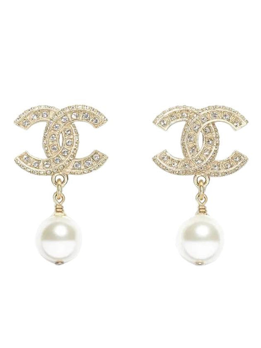 CC Metal Logo Pearl Earrings Gold Chanel