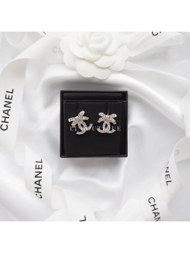 CC Logo Ribbon Metal Diamante Earrings Gold Chanel