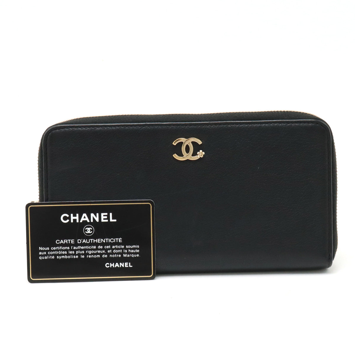 Chanel Lucky Flower Coco Mark Roundfather Long Wallet Leather Black Black Gold  A81657